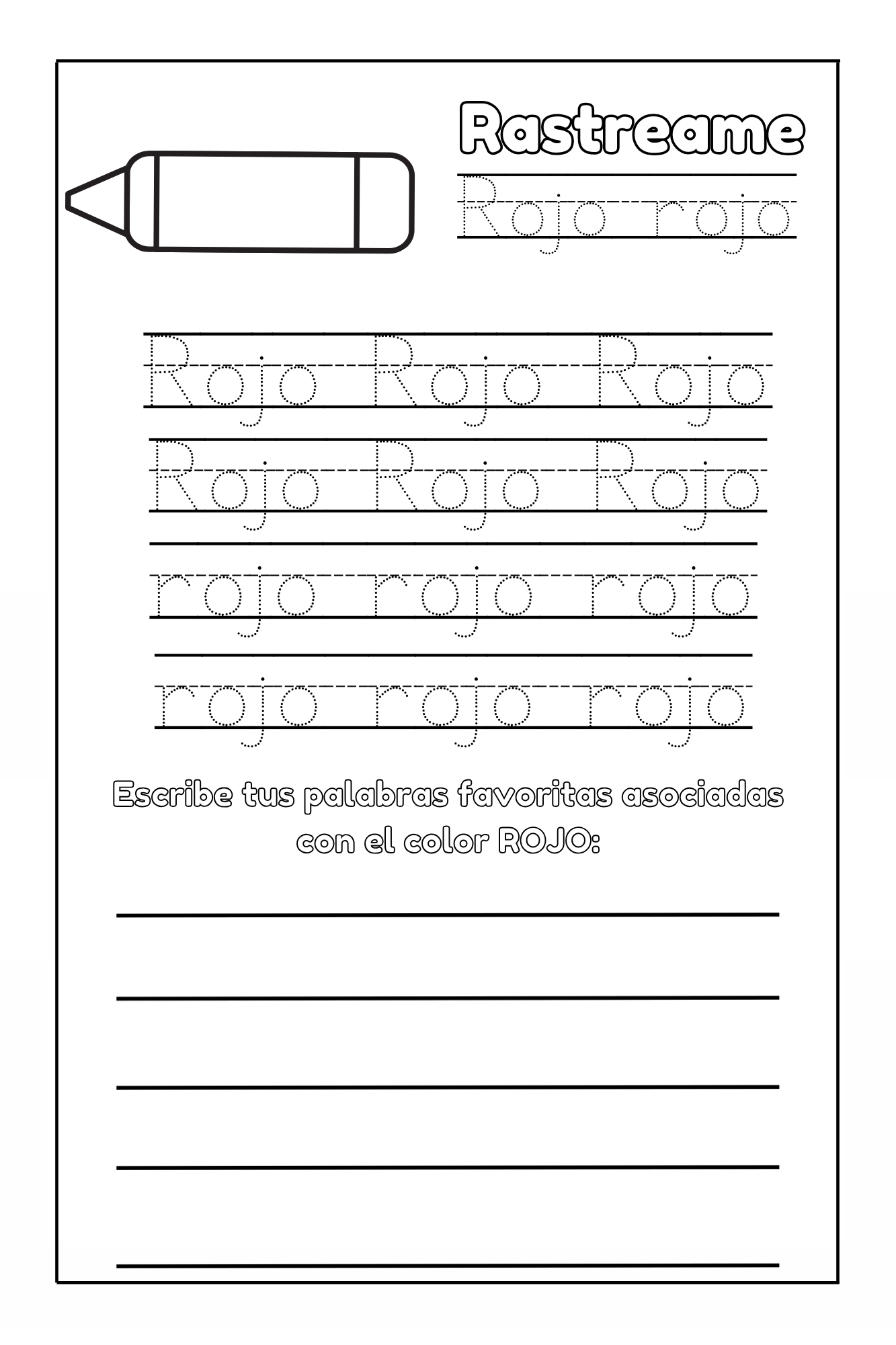 Coloring sheet from Preschool Essentials: Spanish by Ermenrich Designs tracing page for the color red rojo.