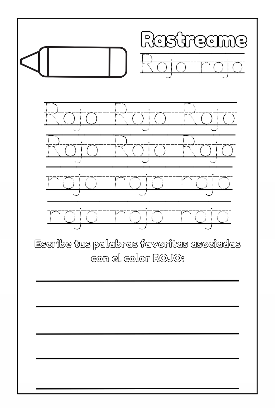 Coloring sheet from Preschool Essentials: Spanish by Ermenrich Designs tracing page for the color red rojo.
