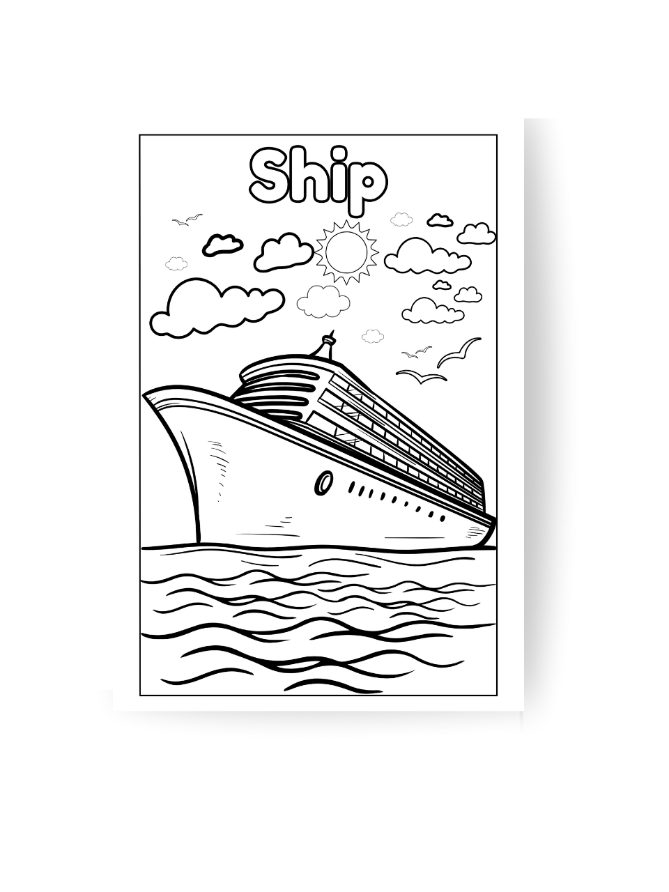 Black and white illustration of a ship on water with clouds and sun.
