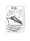 Black and white illustration of a ship on water with clouds and sun.