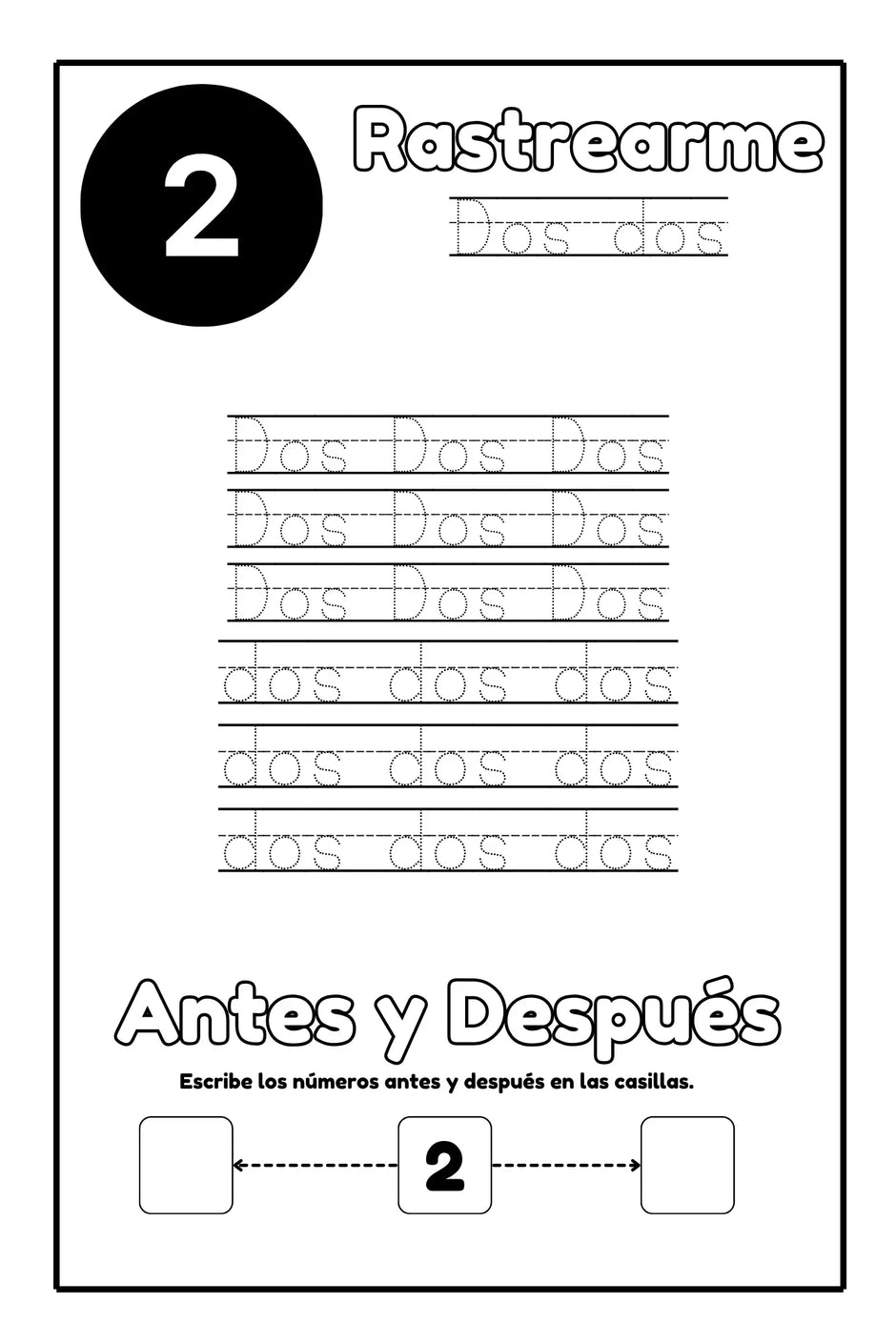 Spanish number tracing worksheet for 'dos' (two) from 123 Pgiments: Spanish Version coloring book Ermenrich Designs.
