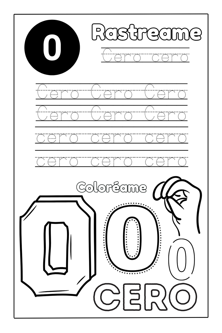 Preschool Essentials Spanish Version Coloring book page with number '0' to trace and color, featuring text in Spanish.