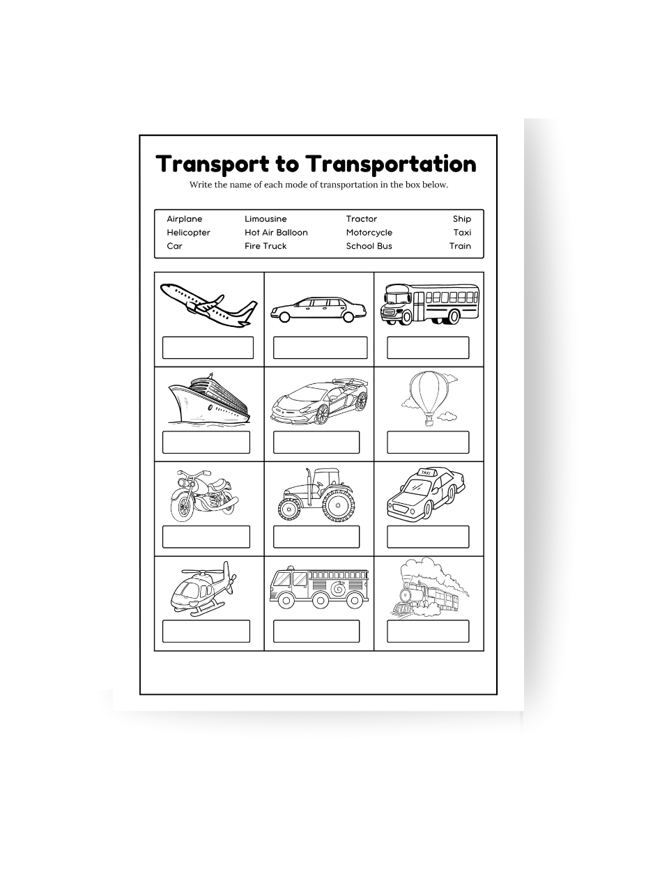 Activity spelling page from Transport to Transportation coloring book