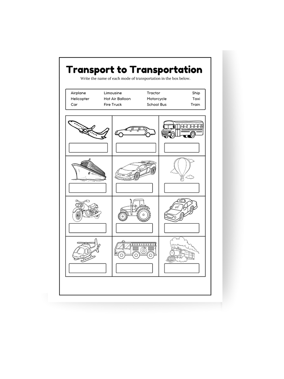 Activity spelling page from Transport to Transportation coloring book